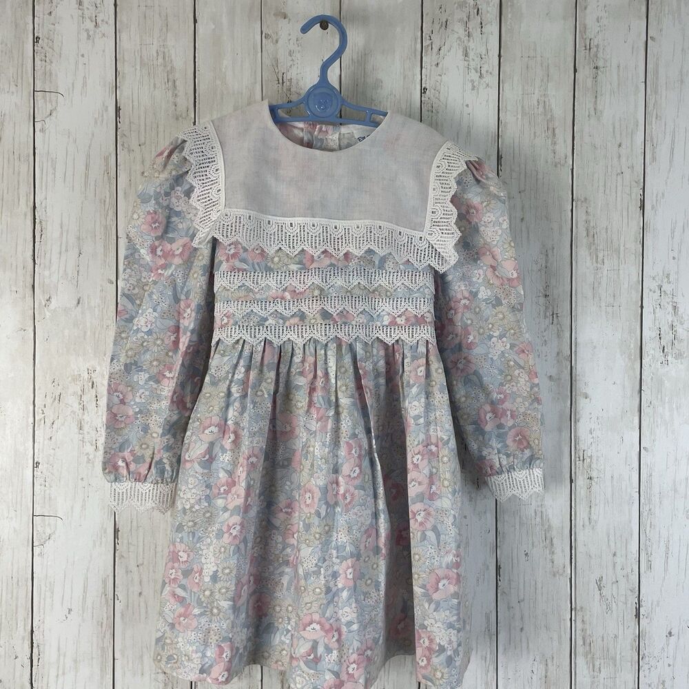 Vtg Polly Flinders Bib Collar w/ Lace Girls Sz 6 Pastel Floral Dress Cottagecore